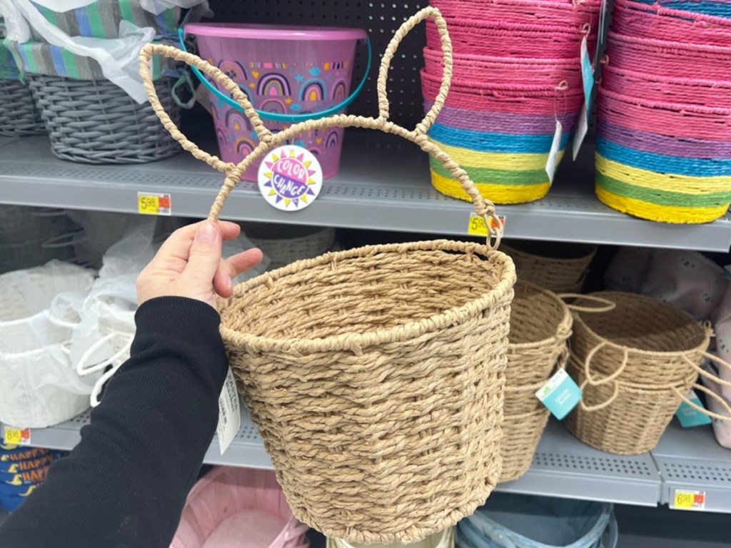 hand holding wicker bunny shaped basket