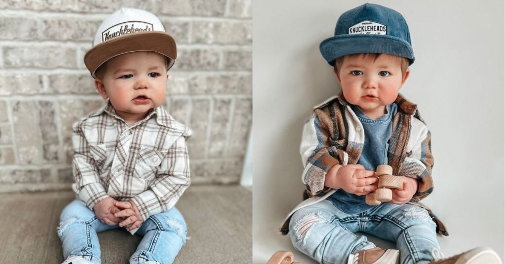 baby boys in snapback trucker hats
