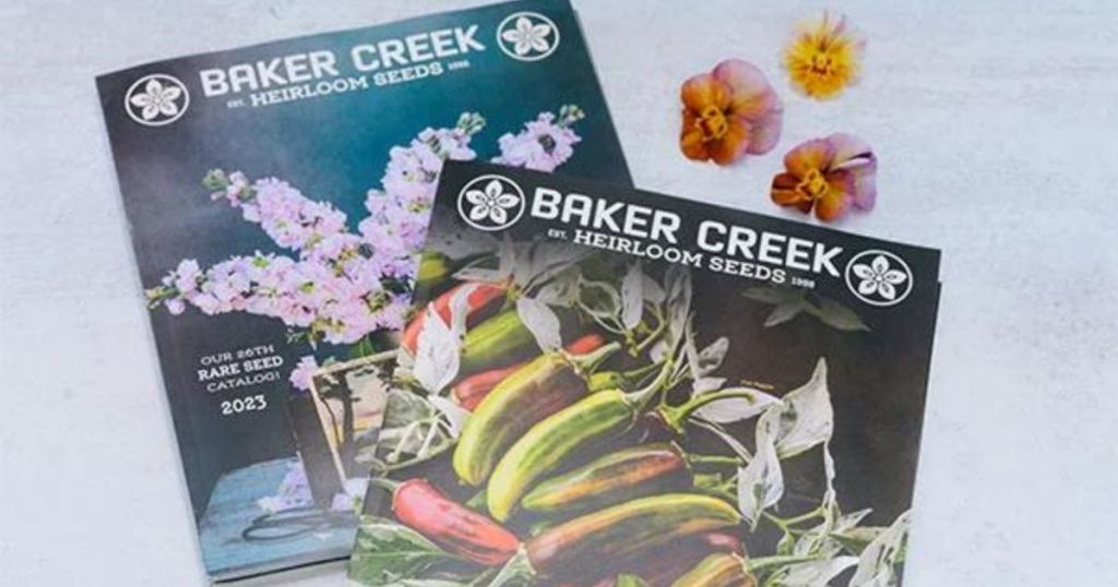 two copies of Baker's Creek free seed catalogs