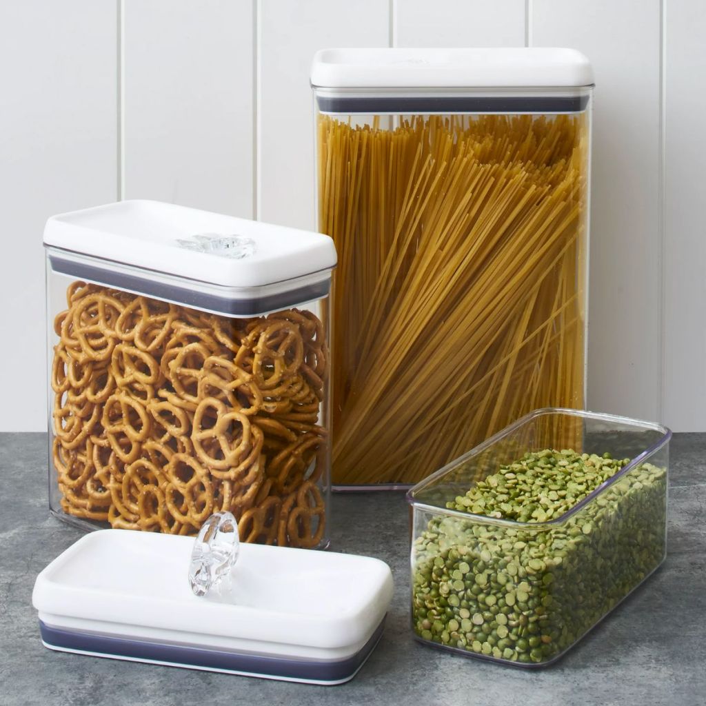 Better Homes & Gardens 3-Piece Rectangular Container Set each filled with food items - pasta, pretzels, and split peas