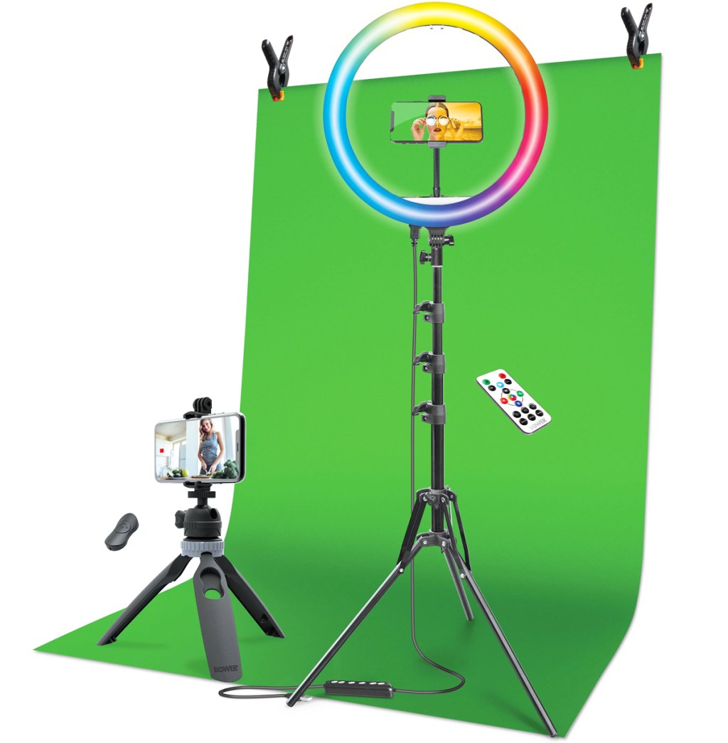 tripod, green screen, and ring light set