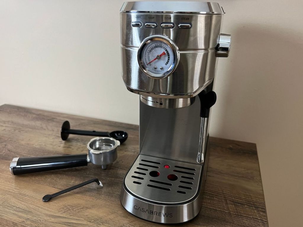 Casbrews Espresso Maker on table with tamper