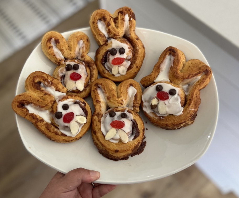 A plate of cinnamon roll bunnies Easter breakfast recipe