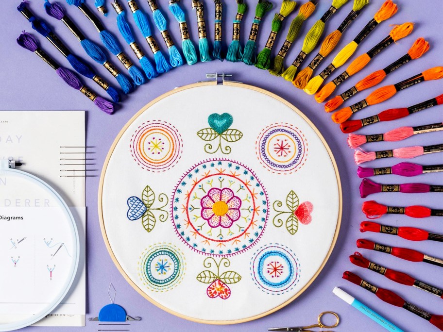 embroidery hook surrounded by rainbow of thread colors