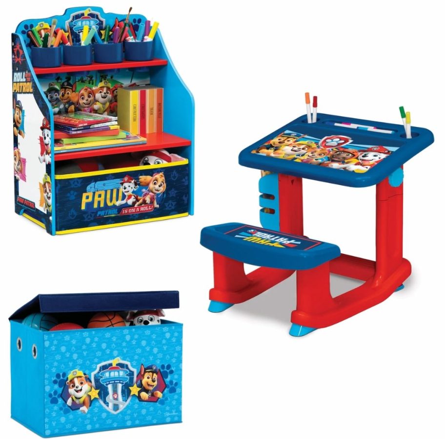 kid's Paw Patrol art set with a toybox, art desk and storage shelf