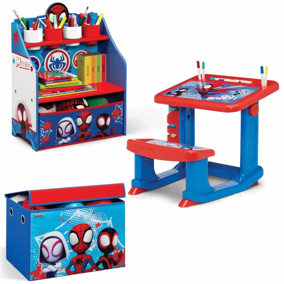 kid's Spiderman art set with a toybox, art desk and storage shelf