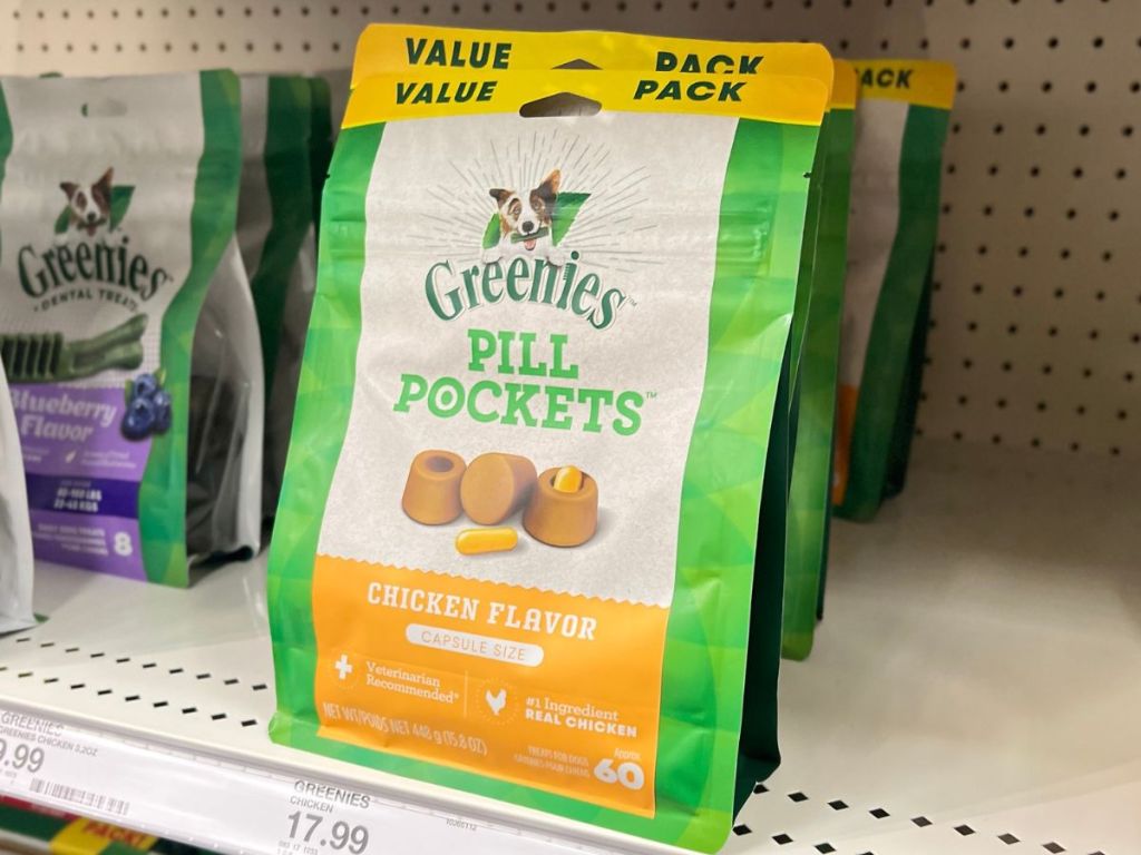 Value size bag of Greenies Pill Pockets on store shelf