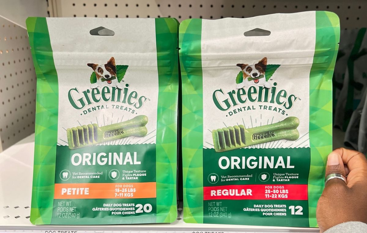 Store shelf with two types of Greenies dental treats on it