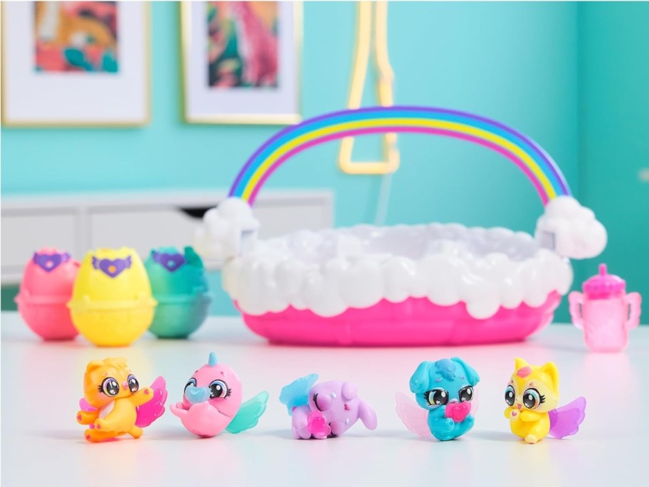 a Hatichmals toy basket with eggs, toy animals and accessories