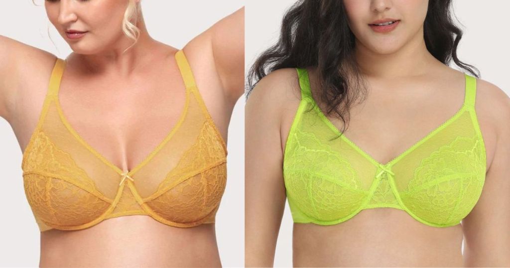 woman wearing yellow lace bra and woman wearing neon green lace bra