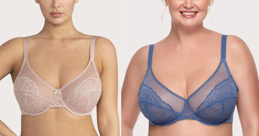 woman wearing pink lace bra and woman wearing blue lace bra