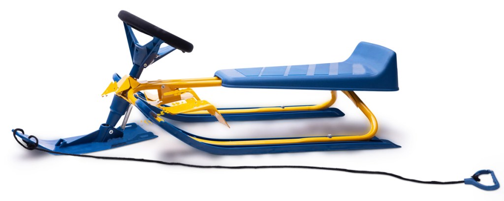 yellow and blue snow sled with pull cord