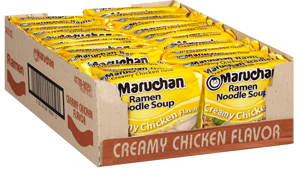 case of maruchan ramen noodles in creamy chicken