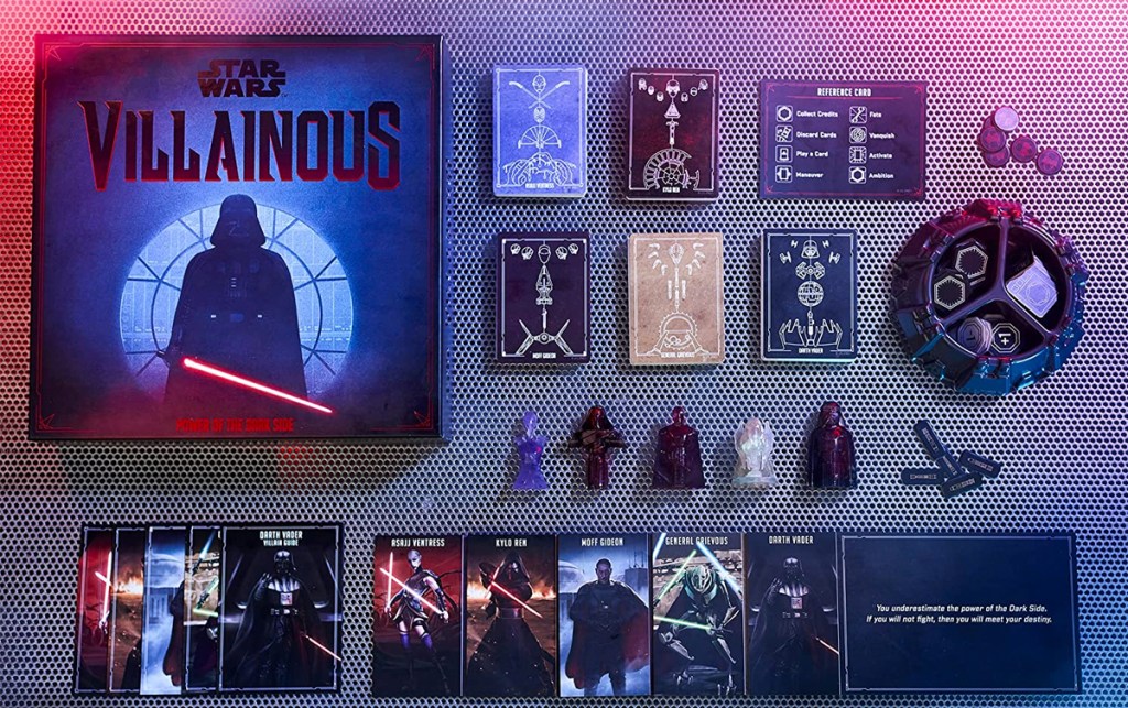 star wars villainous board game box, cards, and pieces