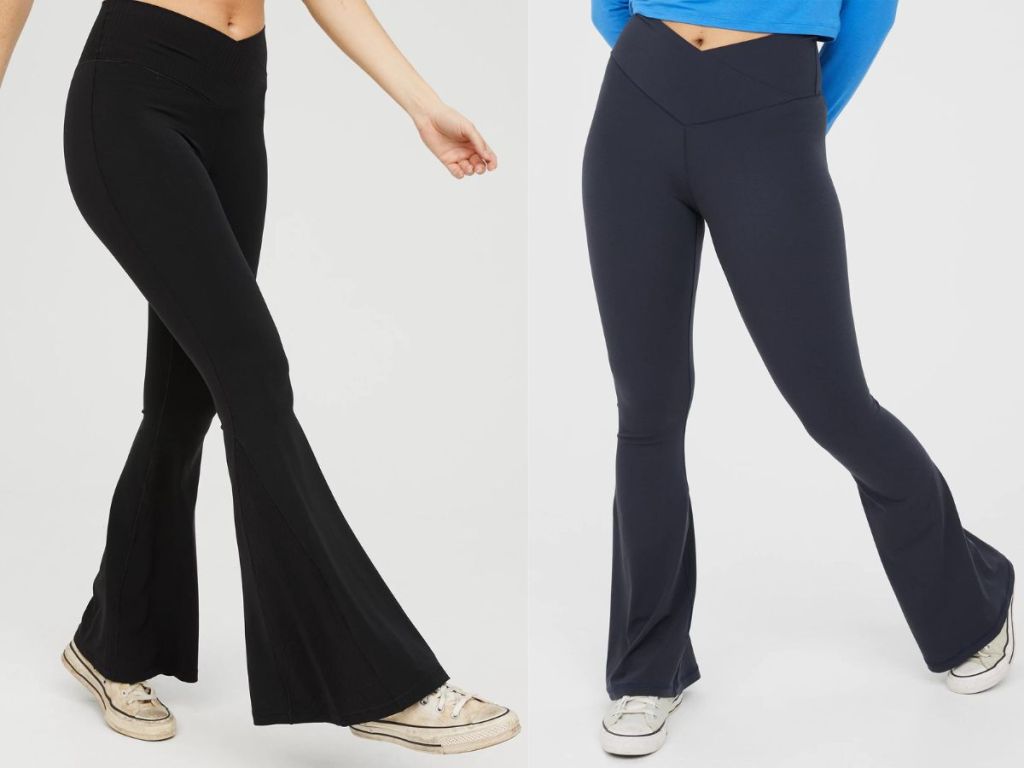 woman wearing black flare leggings and woman wearing navy flare leggings