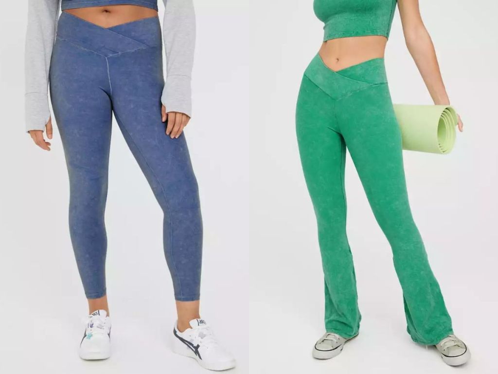 woman wearing blue leggings and woman wearing green leggings holding green rolled up yoga mat