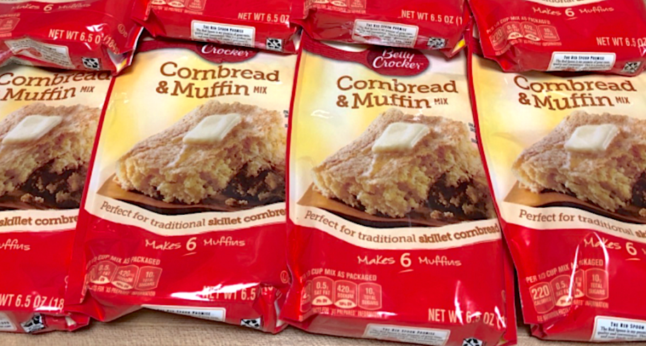 Betty Crocker Cornbread & Muffin Baking Mix pouches laying on counter