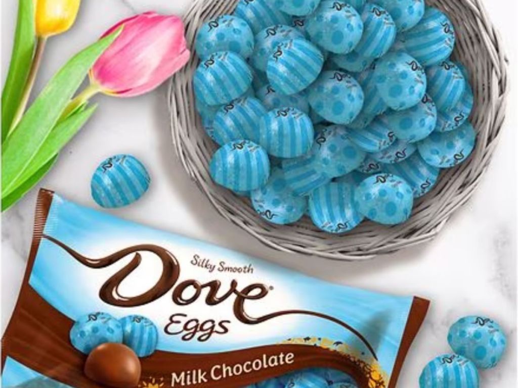 Dove Easter Eggs Milk Chocolate Individually Wrapped Candy in basket and bag below basket