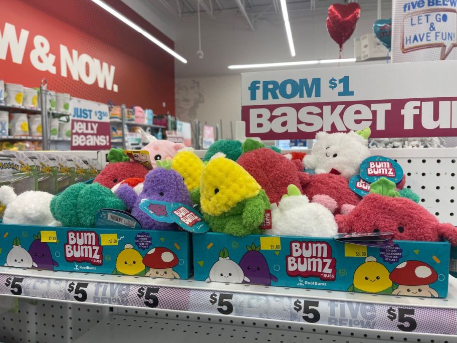 various BumBumz plushes on shelf