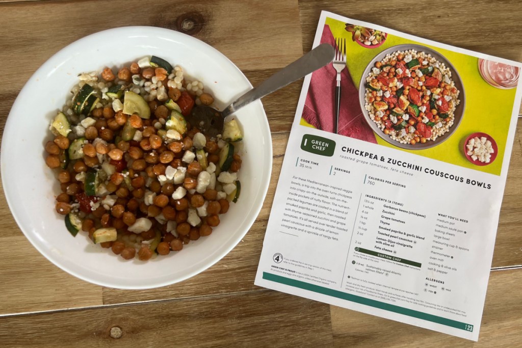 bowl of chickpeas next to recipe card