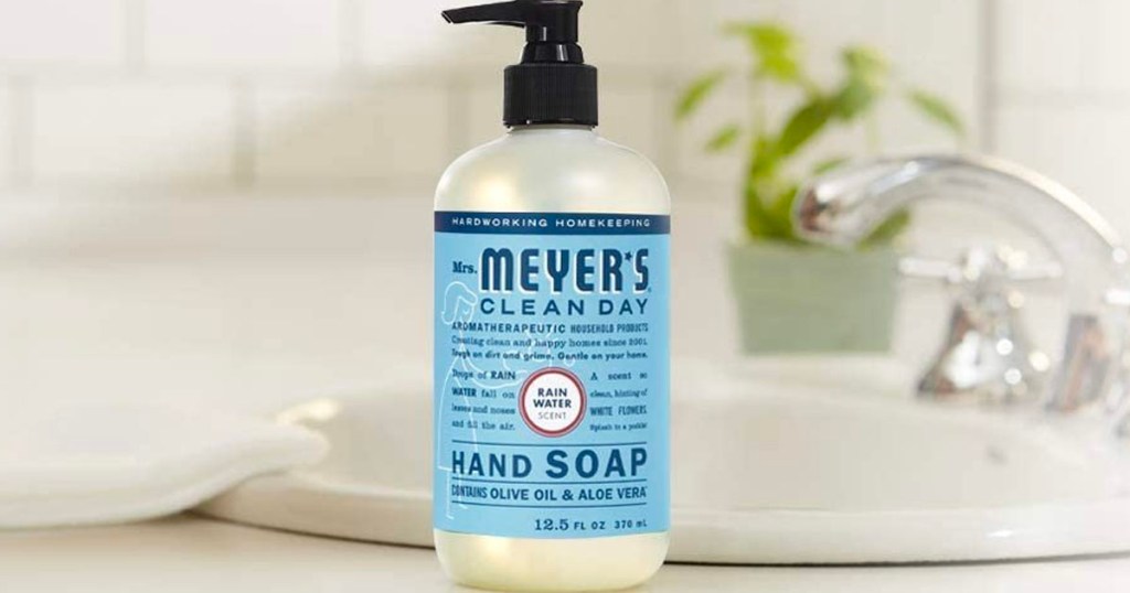 mrs meyers hand soap sitting on bathroom counter