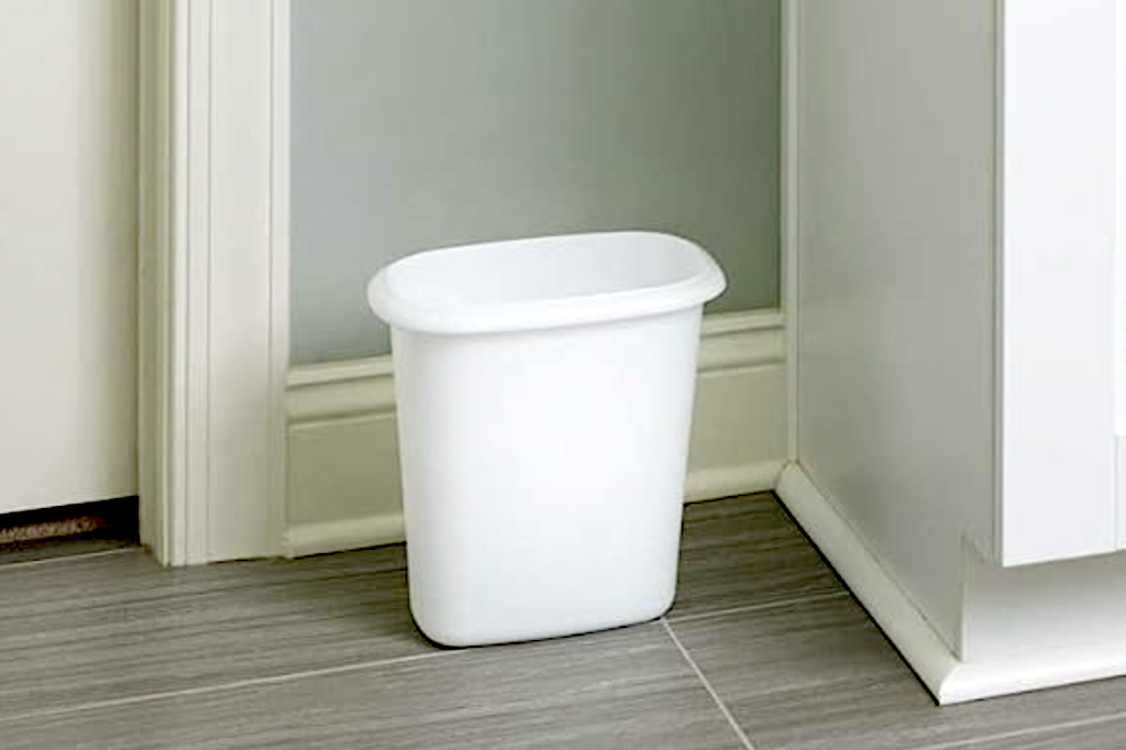 rubbermaid trash can in bathroom