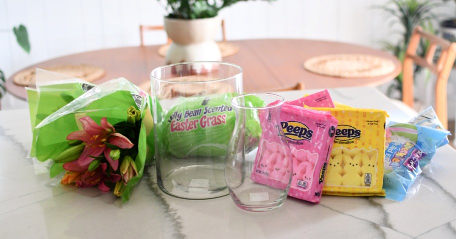 supplies on the counter used for easter peeps centerpiece