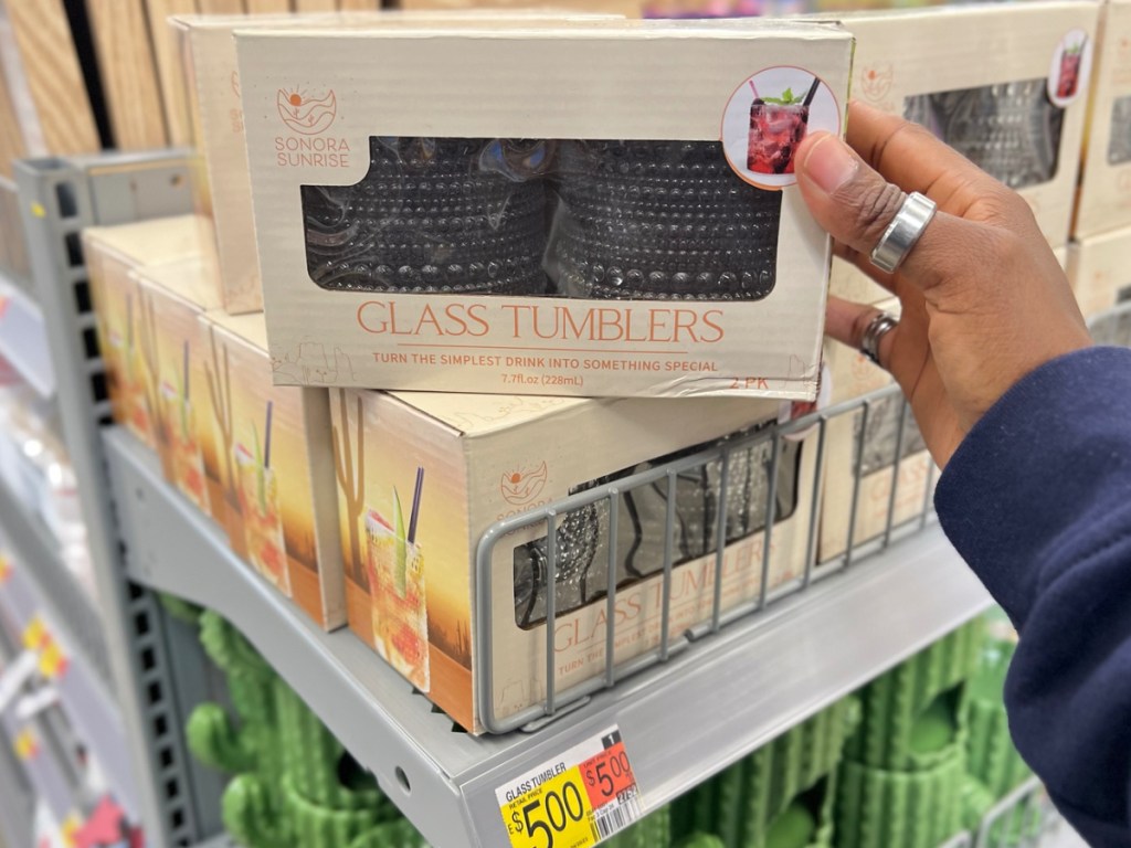 woman holding Glass Tumblers 2 Count on display