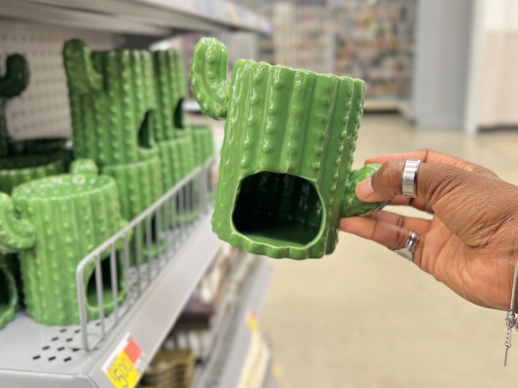 woman holding cactus wax warmer in front of wax warmer collection on shelf