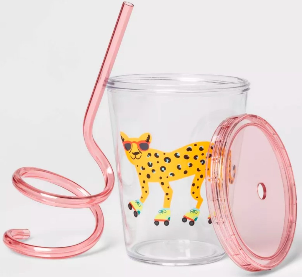 14oz Plastic Cheetah Swirly Straw Tumbler