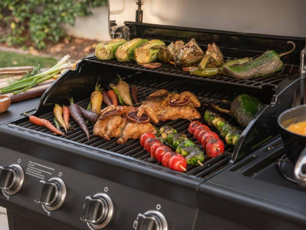 vegetables and meat cooking on grill outside