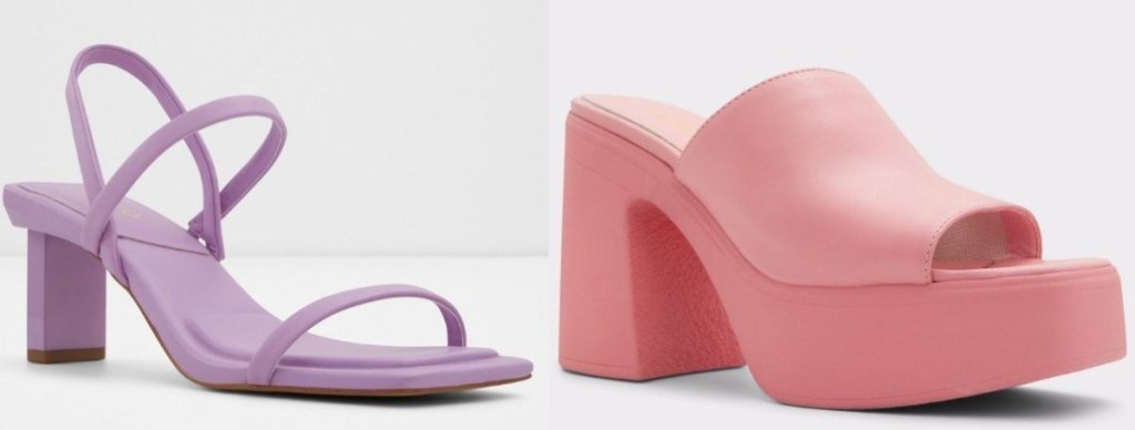 A purple pair of strappy heeled sandals and a pink platform sandal