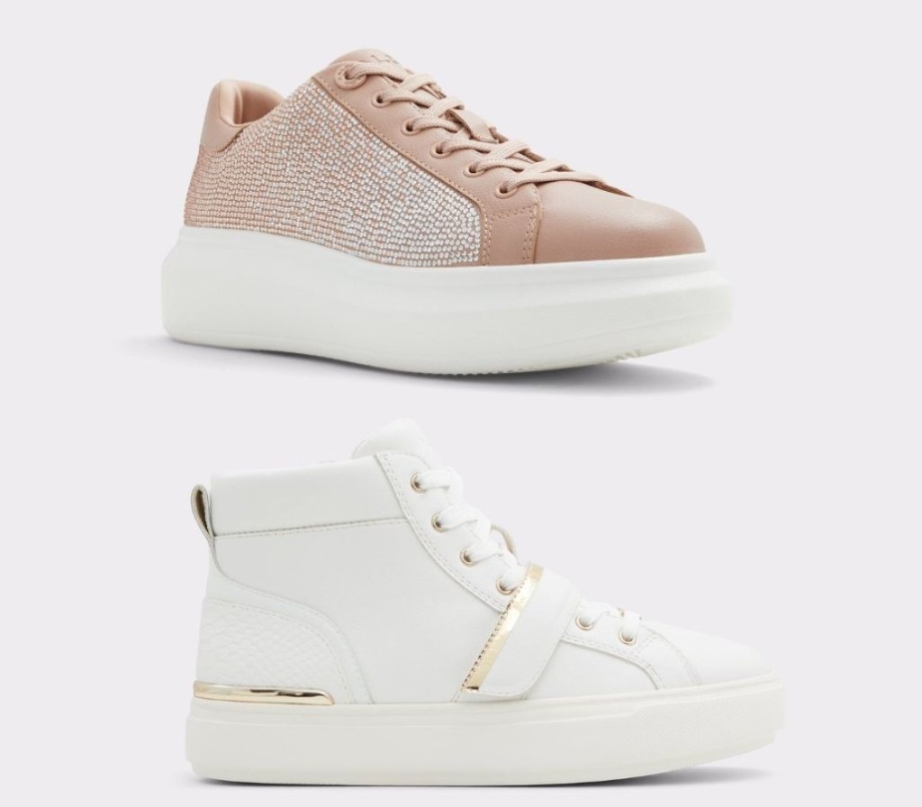 Tan and white platform sneaker with gemstones on the side and a White and gold high top sneaker