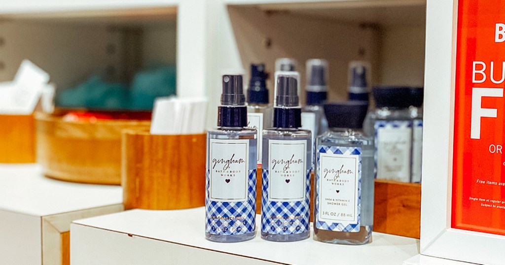 three gingham scented travel-size bath & body works products