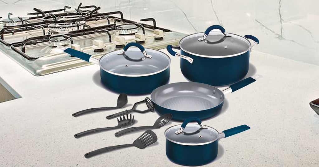 blue cookware set on kitchen counter
