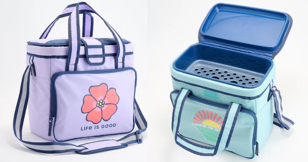 purple cooler with Life Is Good flower graphic and teal cooler with Life Is Good and sun graphic 