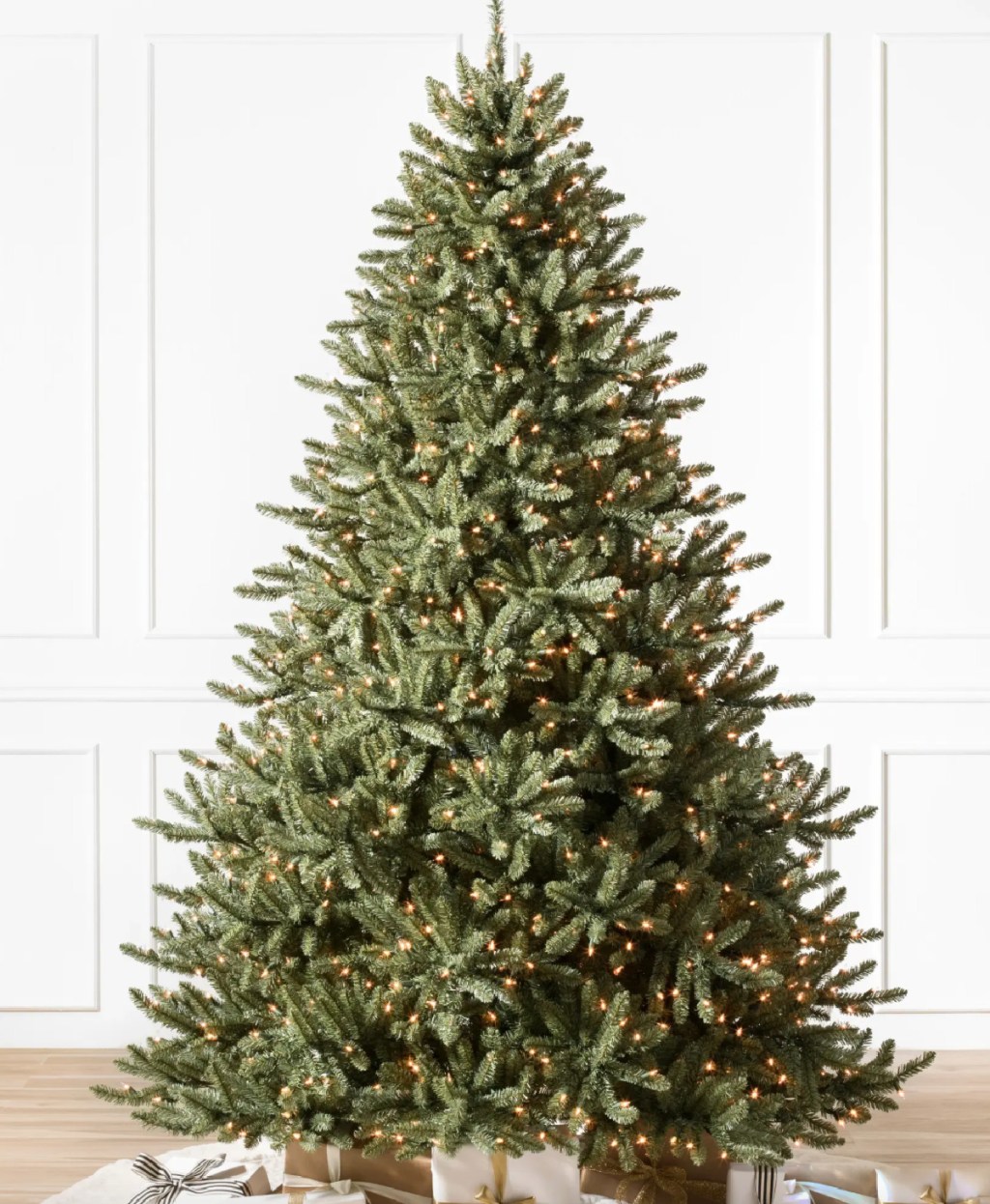 Classic Blue Spruce 6'5ft Christmas Tree w_ Clear Lights with gifts underneath