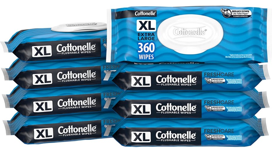 stack of blue packs of cottonelle wipes