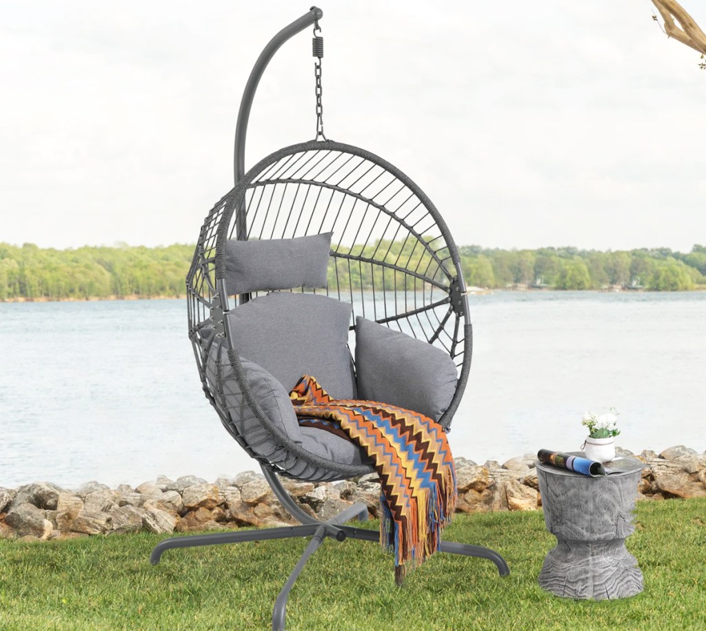 grey hanging egg chair with stand