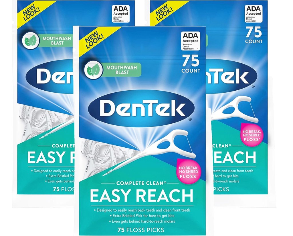 three bags of DenTek Complete Clean Easy Reach Floss Picks