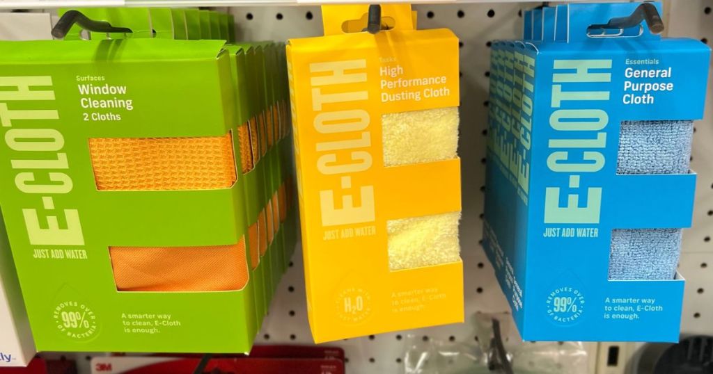 Boxes of E-Cloth Cleaning Cloths Hanging on pegs at the Store