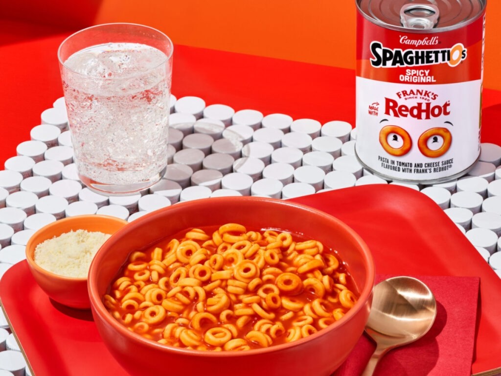 can of Spaghettios next to a bowl