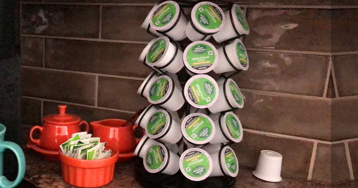 K-Cup revolving organizer holding Green Mountain Decaf K-Cups