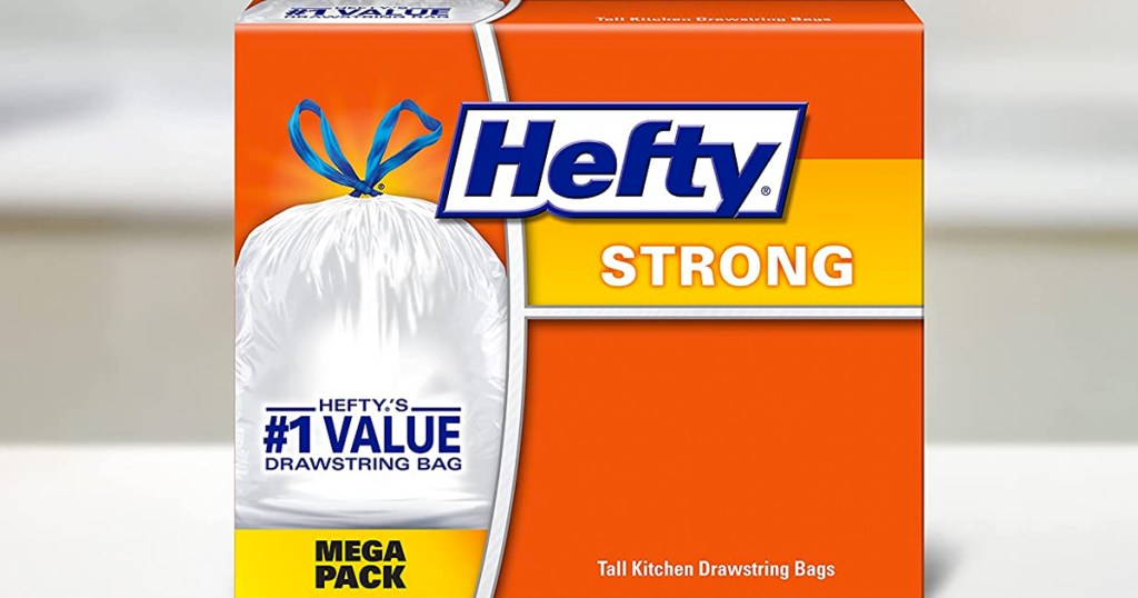 box of hefty strong trash bags on kitchen counter