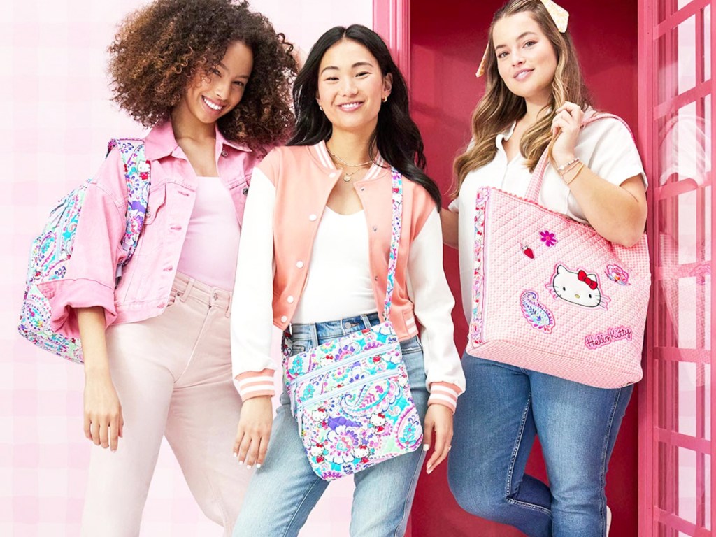 three women with hello kitty bags