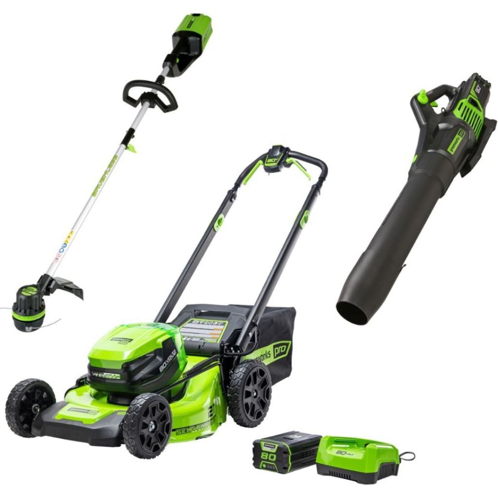 Greenworks - 80 Volt 21-Inch Self Propelled Lawn Mower 13-Inch String Trimmer and 730 CFM Blower (1 x 4.0Ah Battery and 1 x Charger ) - Green 