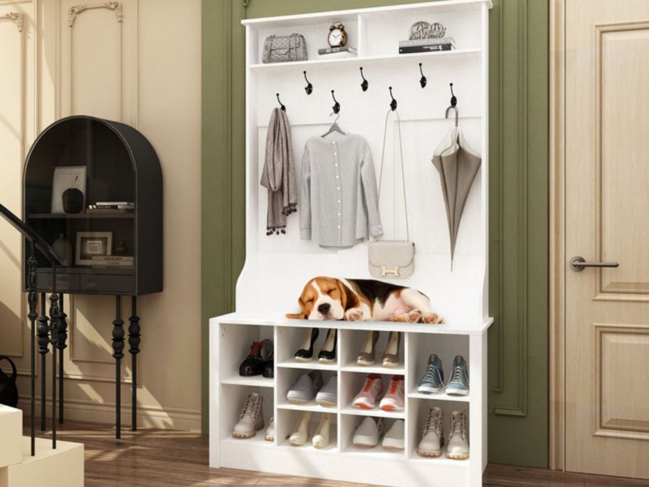 Keasal Hall Tree 39.4'' Wide with Bench and Shoe Storage in house hallway