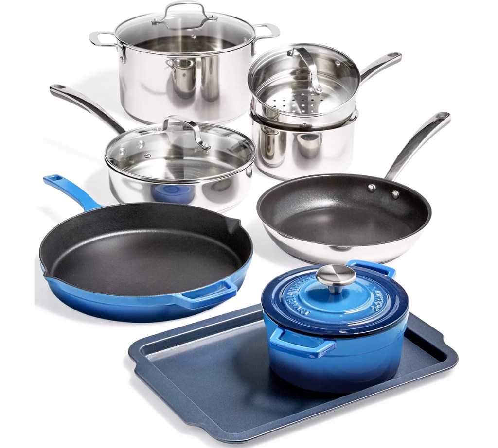 silver and blue cookware set