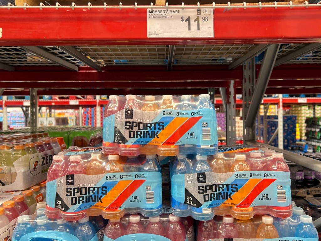 cases of Memebers Mark sports drink stacked up at Sam's Club