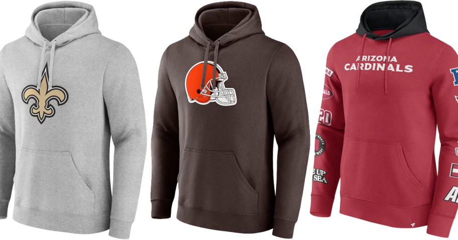 Saints, Browns, and Cardinals hoodies